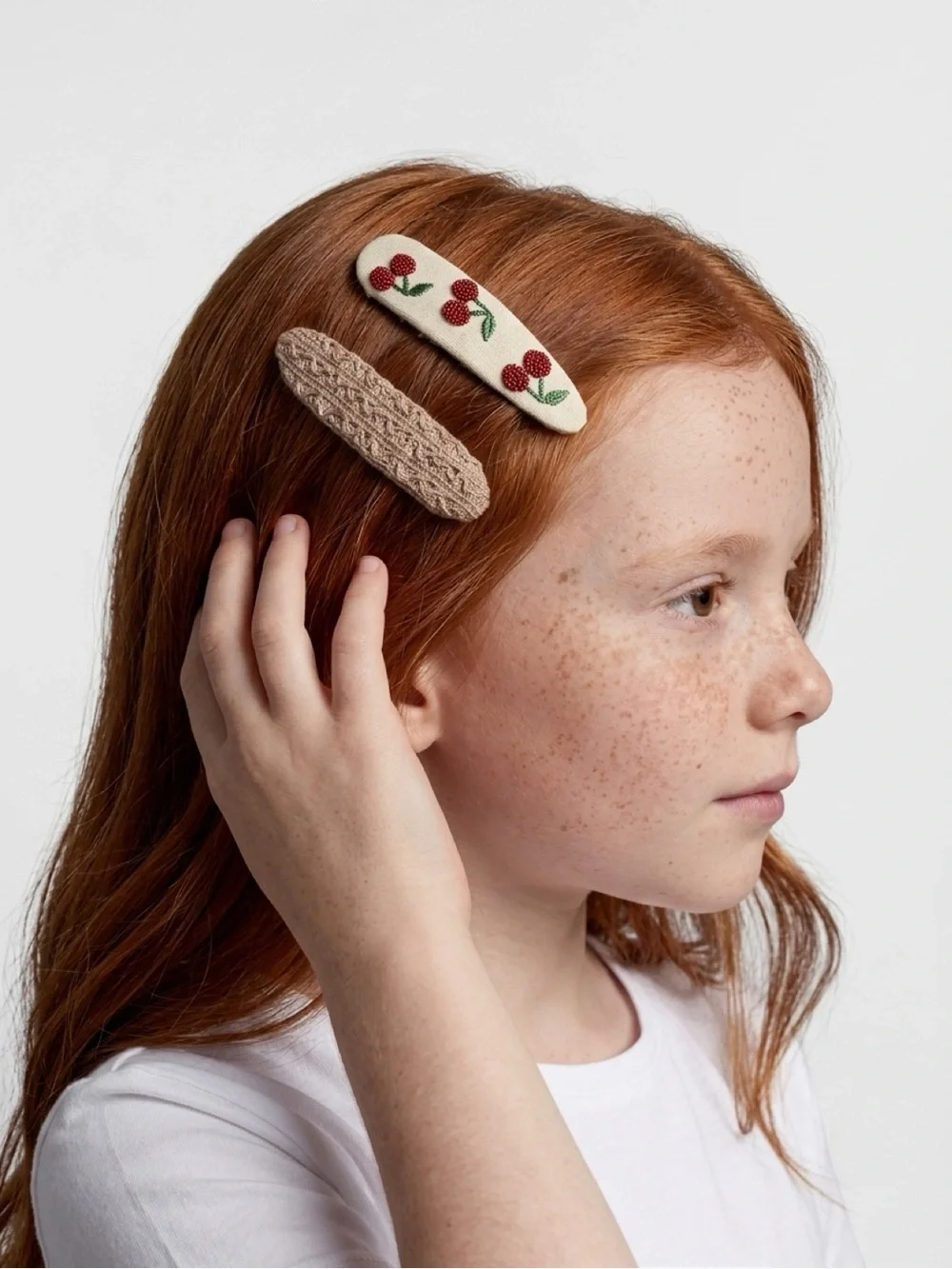 Girls Cherry Embroidered & Knit Fabric Snap Hair Clips Set of 2 Coquette